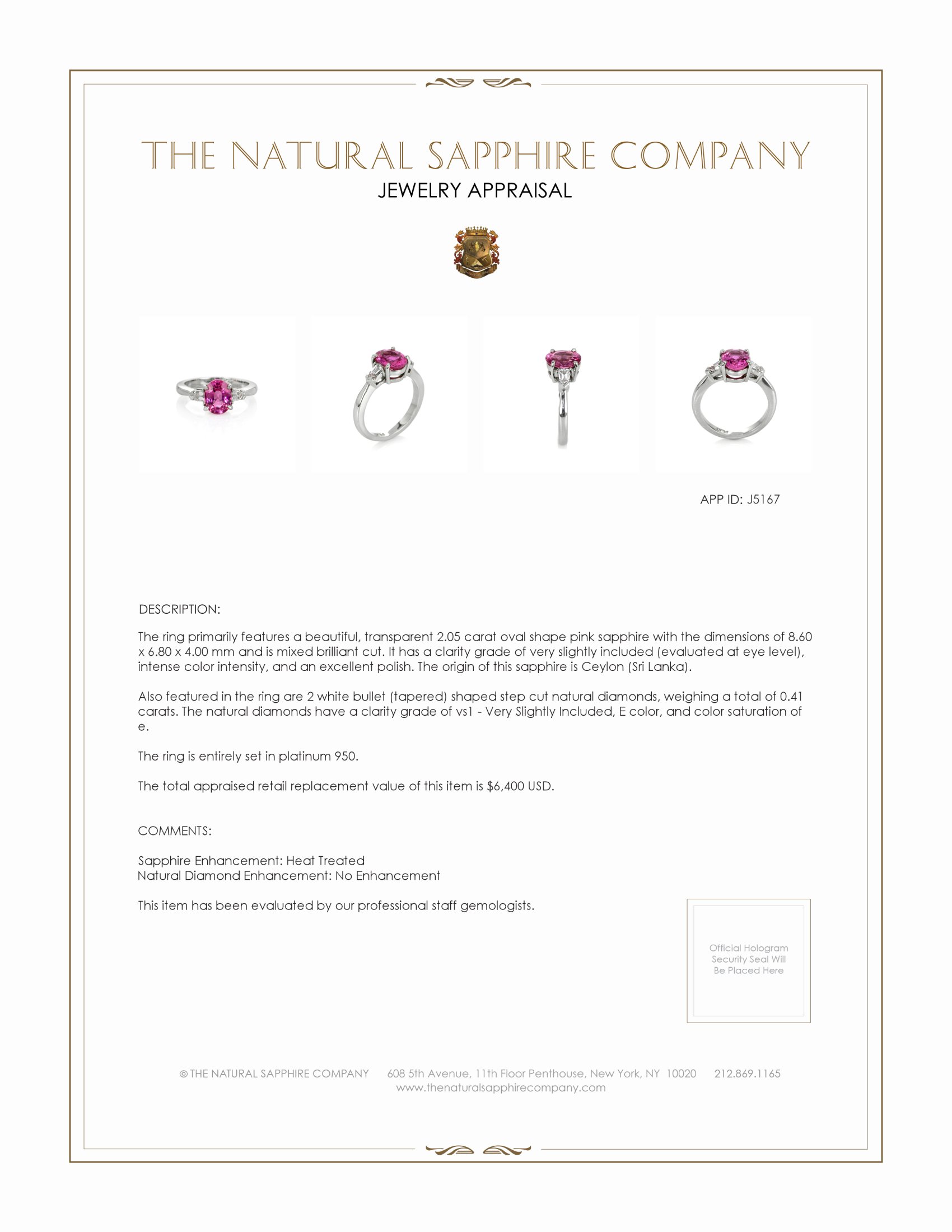 2.05 Ct. Pink Sapphire and Natural Diamond Three Stone Ring, Platinum 950