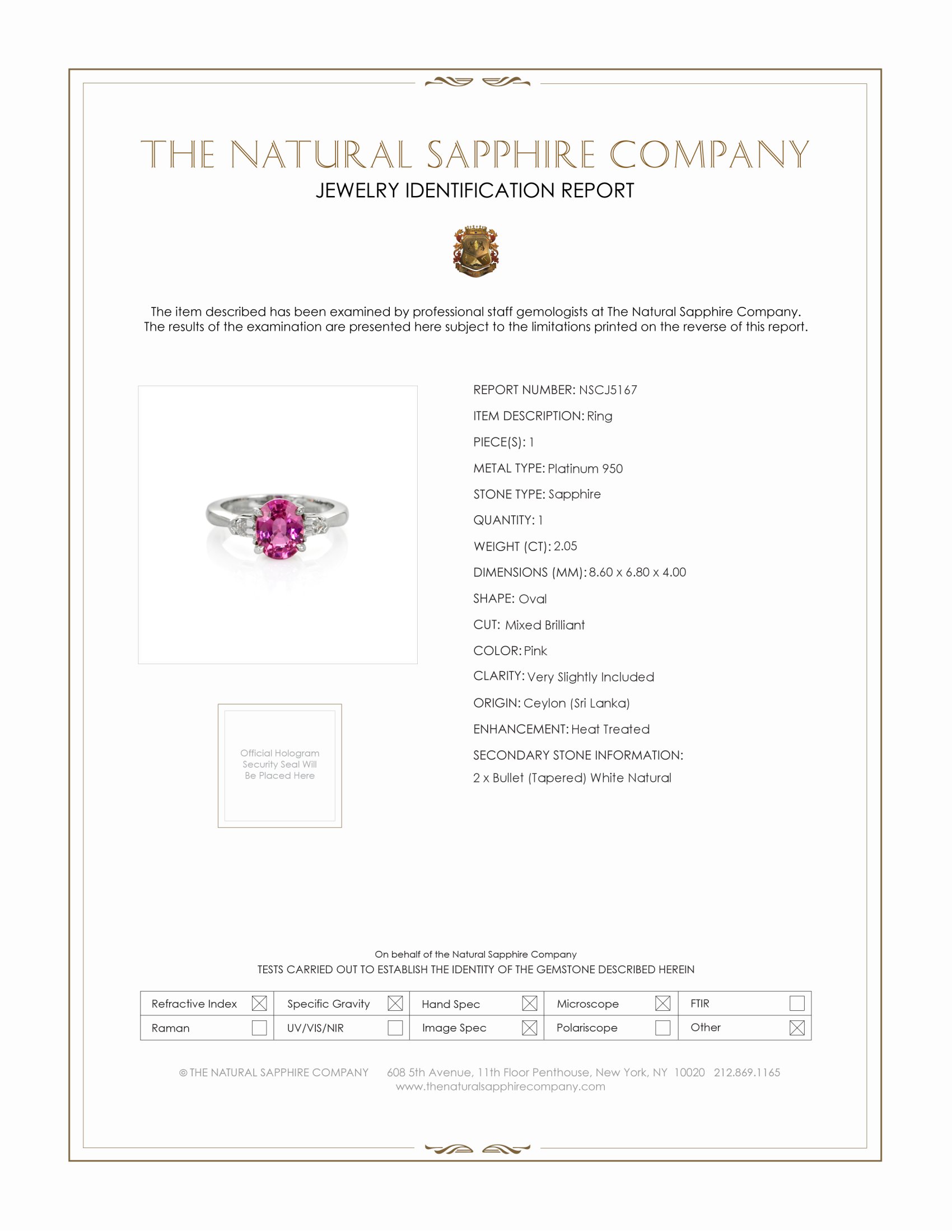 2.05 Ct. Pink Sapphire and Natural Diamond Three Stone Ring, Platinum 950