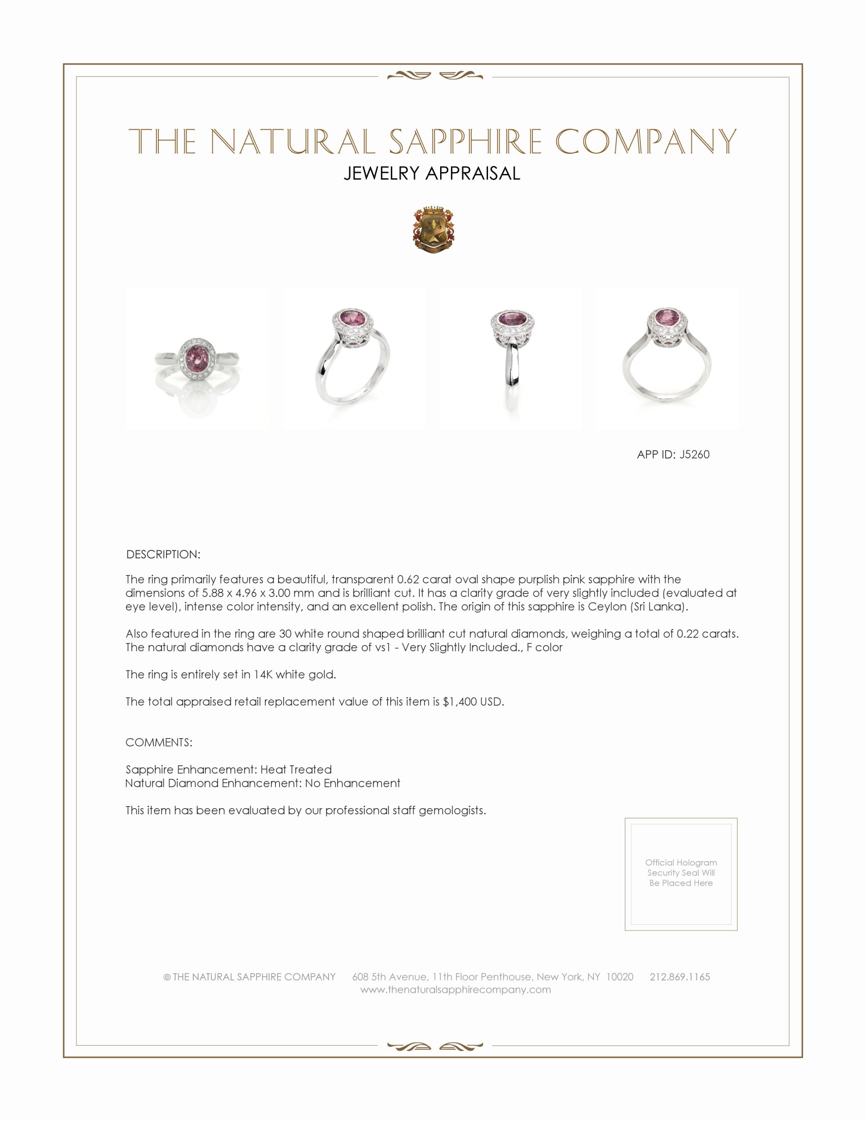 0.62 Ct. Purplish Pink Sapphire and Natural Diamond Halo Ring, 14K White Gold