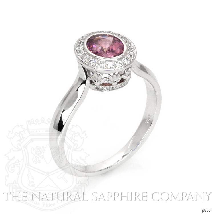 0.62 Ct. Purplish Pink Sapphire and Natural Diamond Halo Ring, 14K White Gold