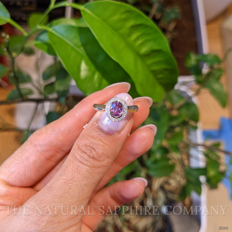 0.62 Ct. Purplish Pink Sapphire and Natural Diamond Halo Ring, 14K White Gold