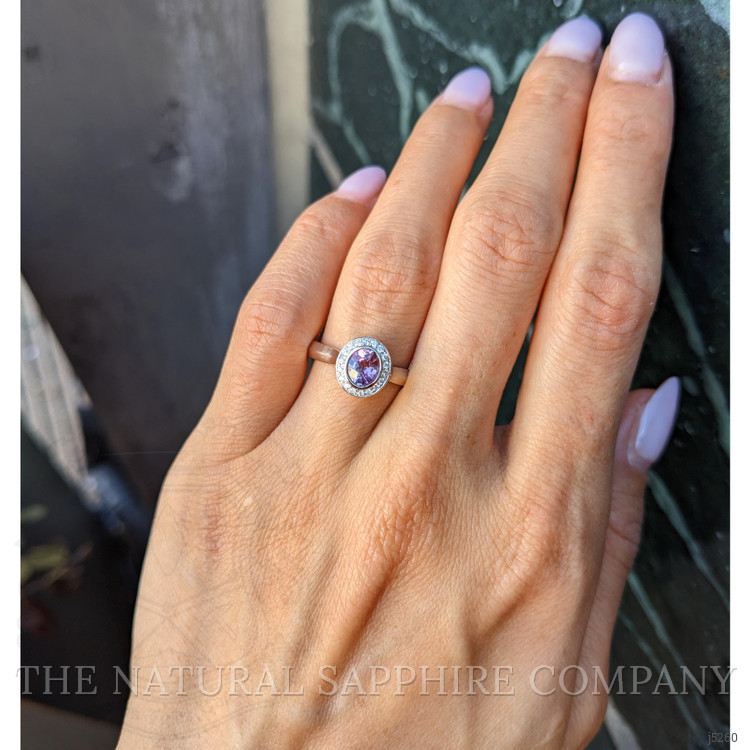 0.62 Ct. Purplish Pink Sapphire and Natural Diamond Halo Ring, 14K White Gold