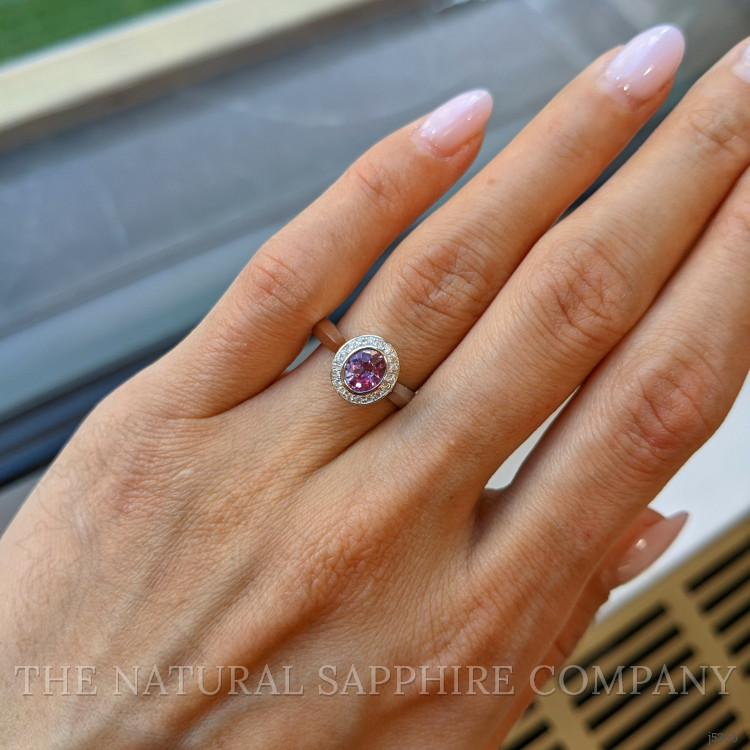 0.62 Ct. Purplish Pink Sapphire and Natural Diamond Halo Ring, 14K White Gold