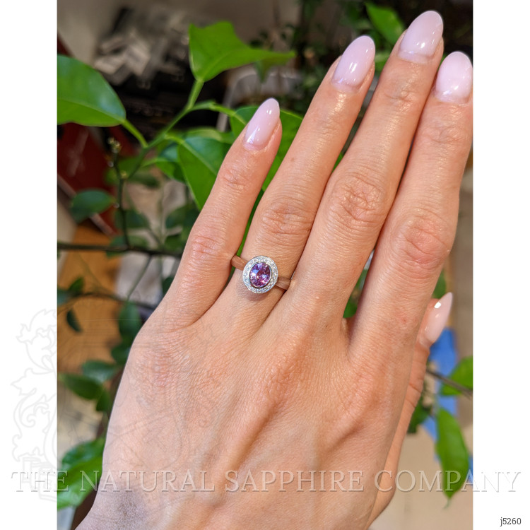 0.62 Ct. Purplish Pink Sapphire and Natural Diamond Halo Ring, 14K White Gold