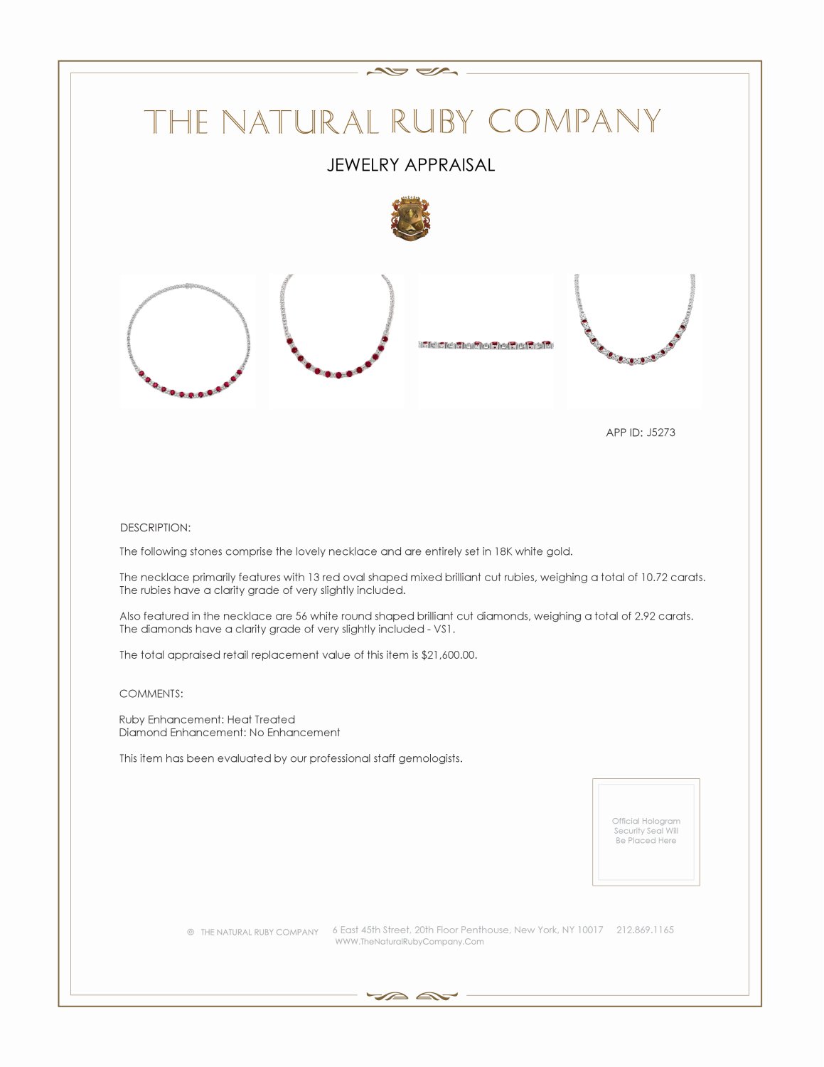 10.72 Ct. Ruby and Natural Diamond Necklace, 18K White Gold