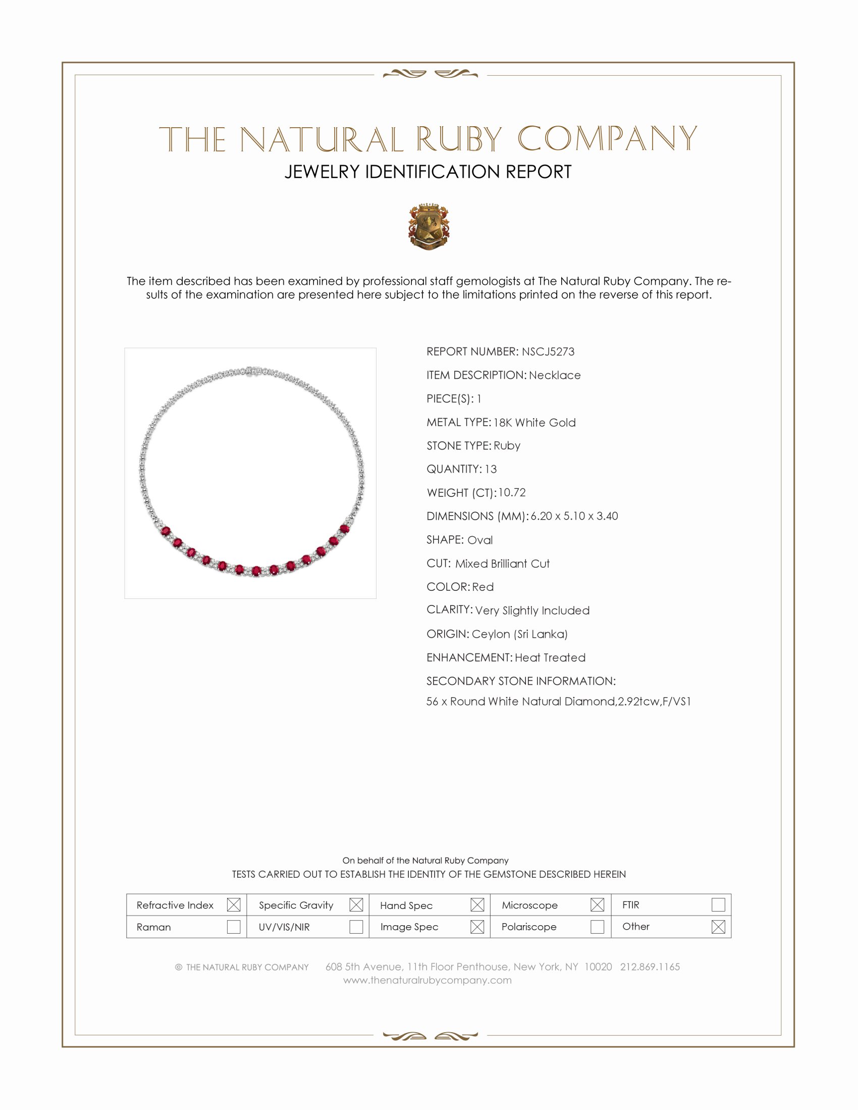 10.72 Ct. Ruby and Natural Diamond Necklace, 18K White Gold