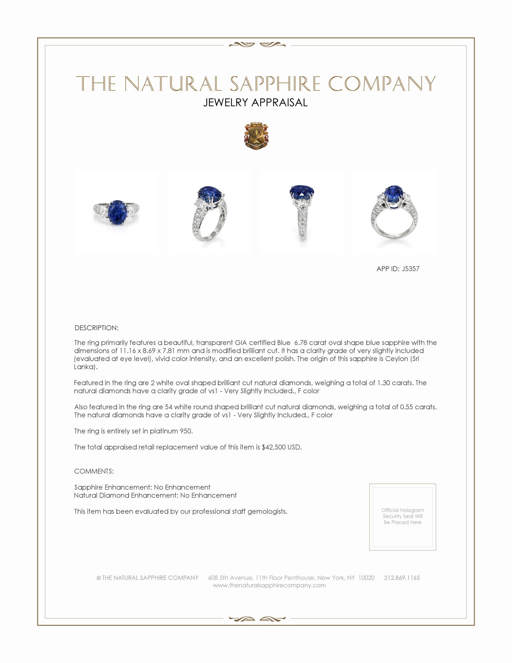 6.78 Ct. Blue Sapphire and Natural Diamond Three Stone Ring, Platinum 950