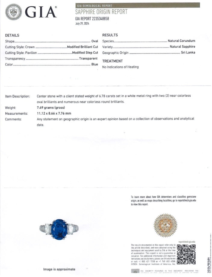 6.78 Ct. Blue Sapphire and Natural Diamond Three Stone Ring, Platinum 950
