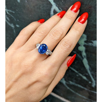 6.78 Ct. Blue Sapphire and Natural Diamond Three Stone Ring, Platinum 950 Life Style