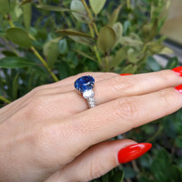 6.78 Ct. Blue Sapphire and Natural Diamond Three Stone Ring, Platinum 950 Life Style