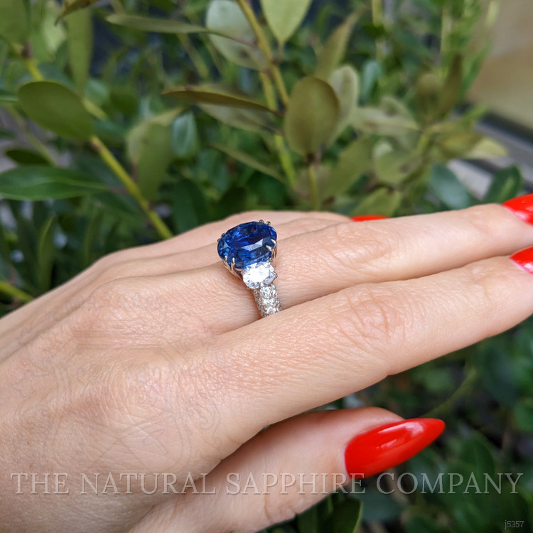 6.78 Ct. Blue Sapphire and Natural Diamond Three Stone Ring, Platinum 950