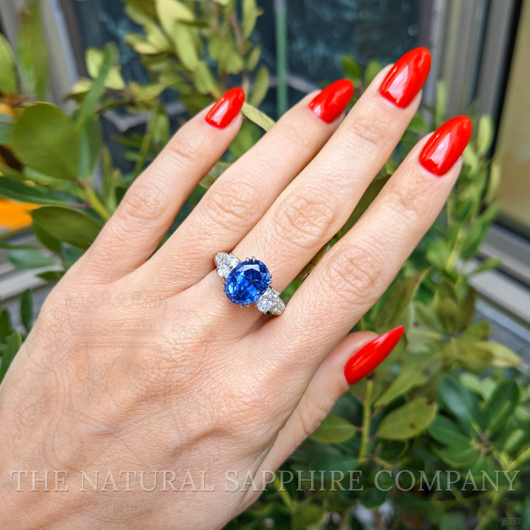 6.78 Ct. Blue Sapphire and Natural Diamond Three Stone Ring, Platinum 950