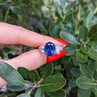 6.78 Ct. Blue Sapphire and Natural Diamond Three Stone Ring, Platinum 950 Life Style