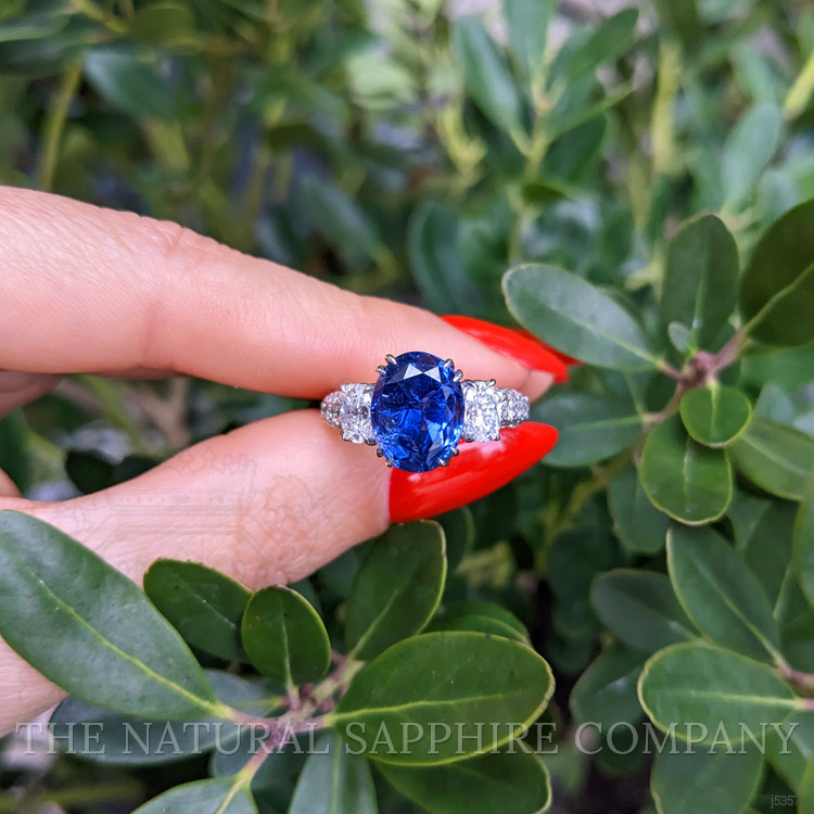 6.78 Ct. Blue Sapphire and Natural Diamond Three Stone Ring, Platinum 950