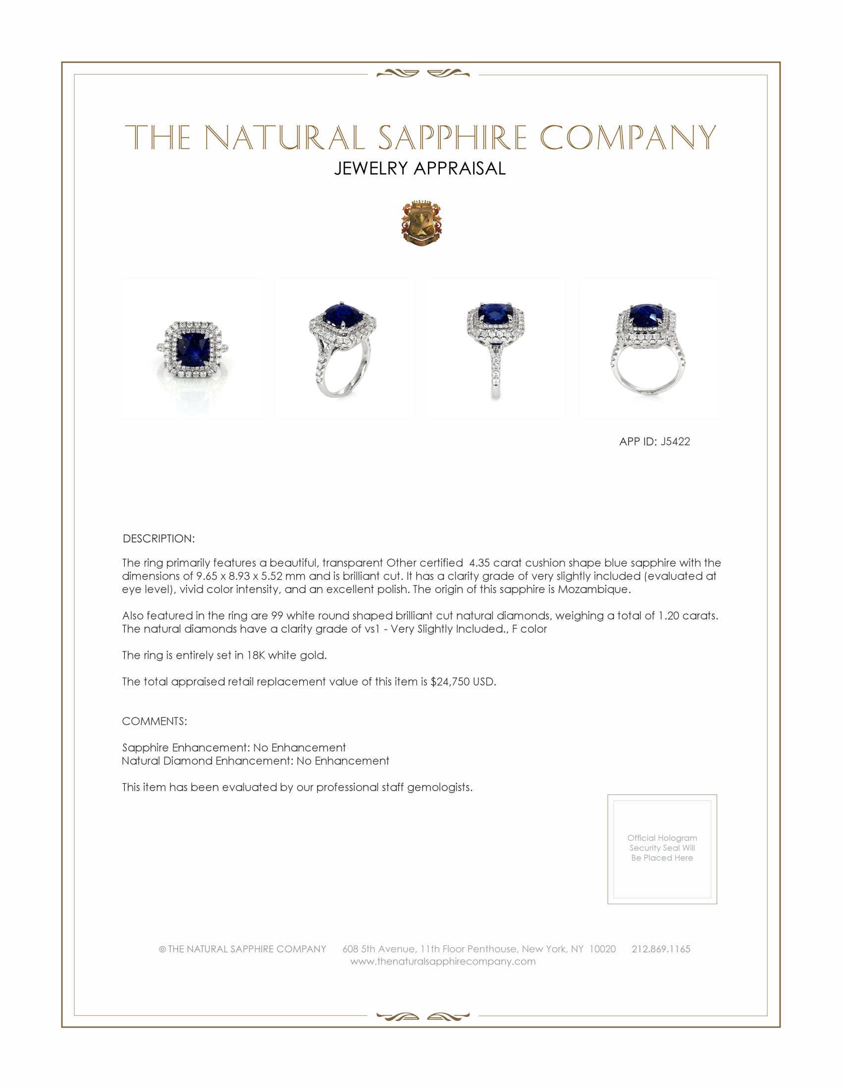 4.35 Ct. Blue Sapphire and Natural Diamond Antique Style Ring, 18K White Gold