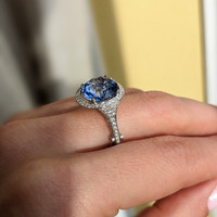 6.25 Ct. Blue Sapphire and Natural Diamond Pave Ring, Platinum 950 Life Style