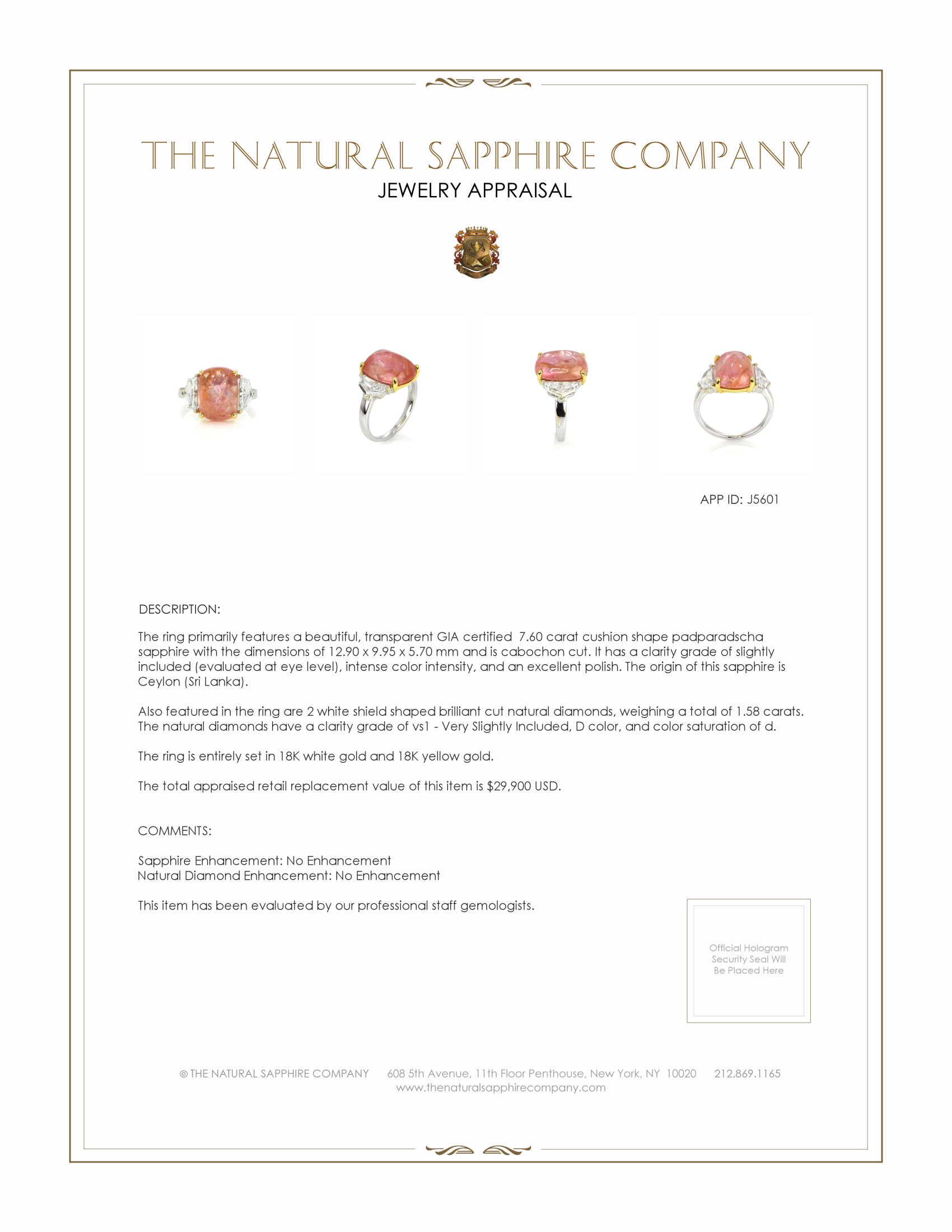 7.60 Ct. Padparadscha Sapphire and Natural Diamond Three Stone Ring, 18K White & Yellow