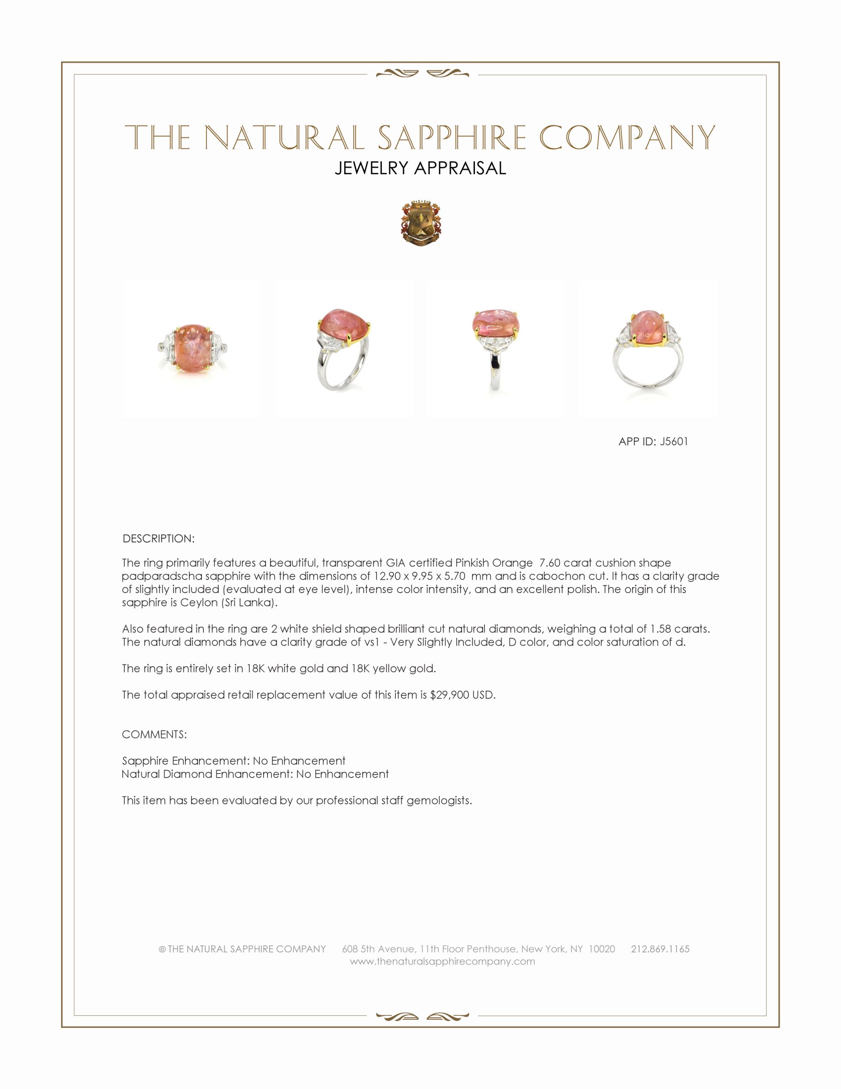 7.60 Ct. Padparadscha Sapphire and Natural Diamond Three Stone Ring, 18K White & Yellow