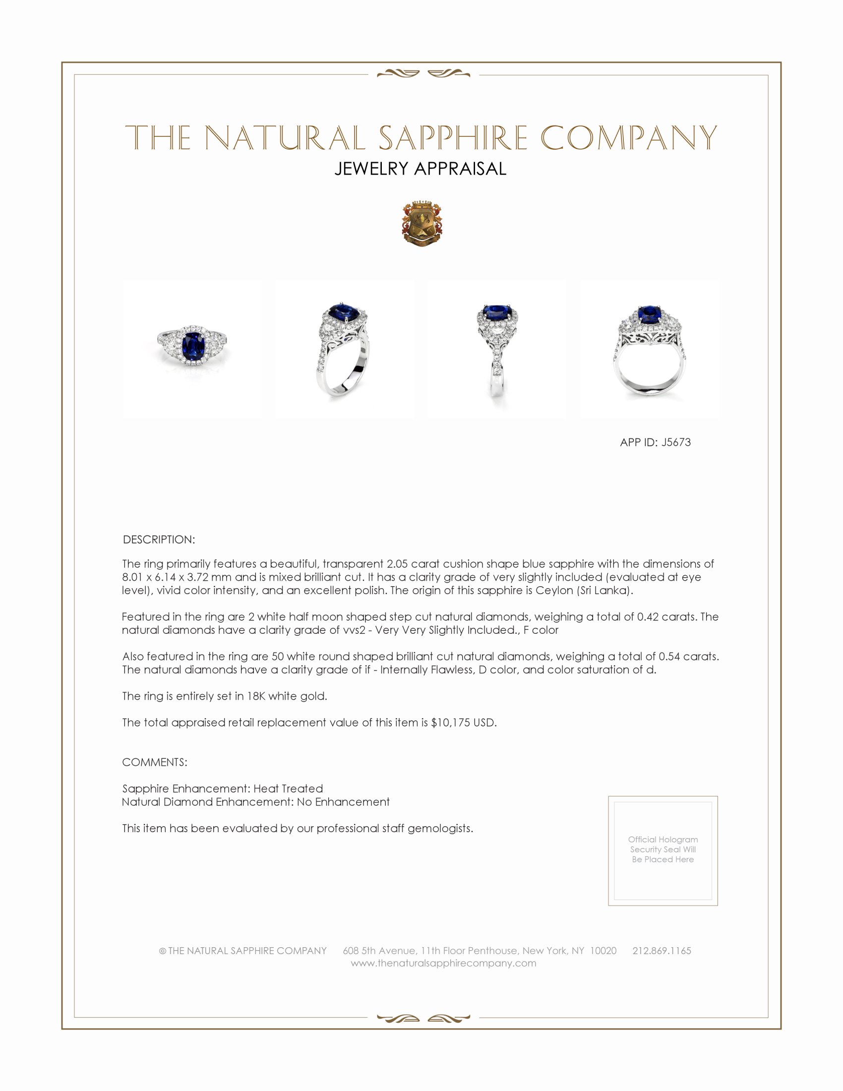 2.05 Ct. Blue Sapphire and Natural Diamond Antique Style Ring, 18K White Gold