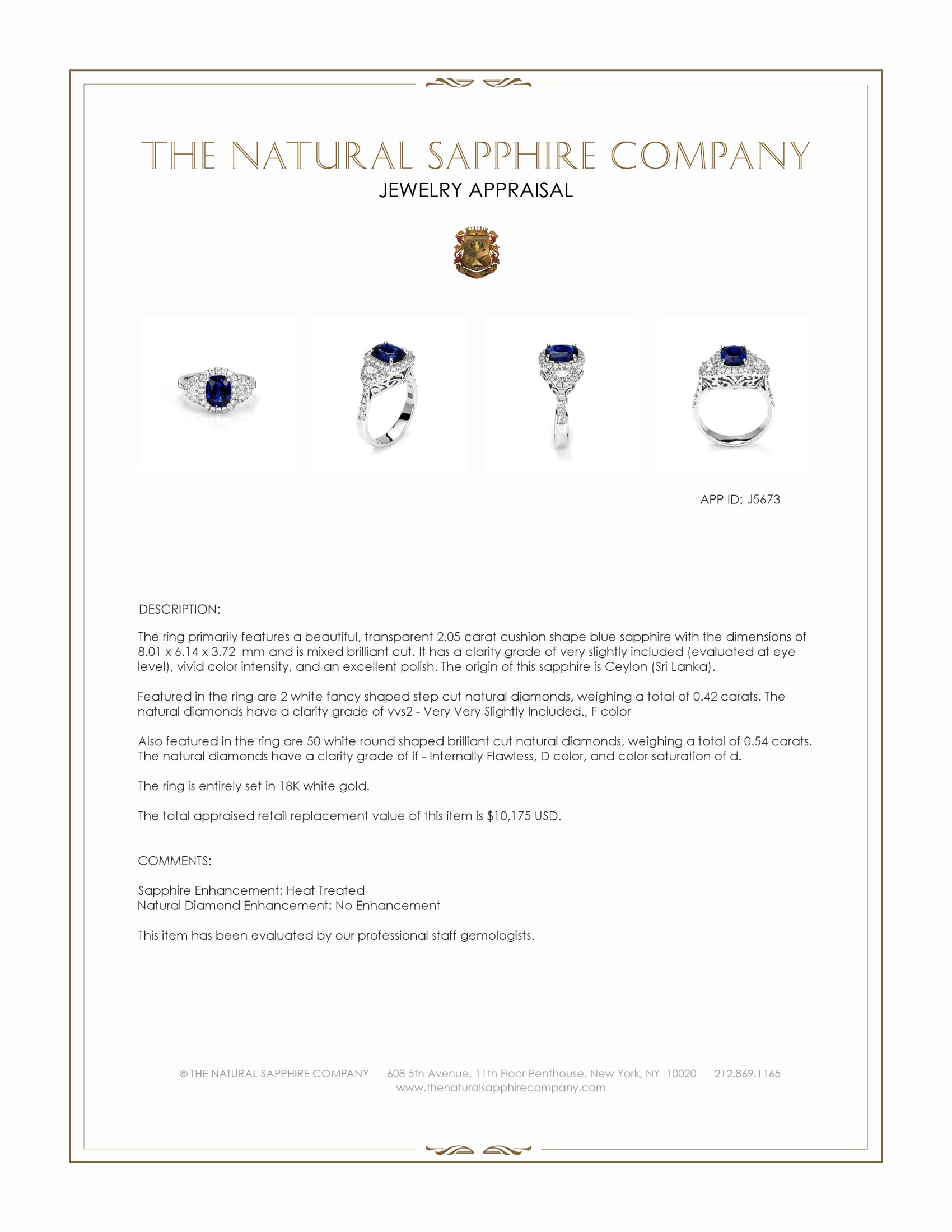 2.05 Ct. Blue Sapphire and Natural Diamond Antique Style Ring, 18K White Gold