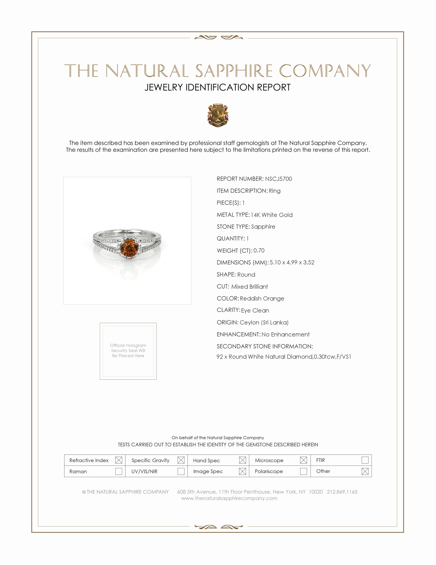 0.70 Ct. Reddish Orange Sapphire and Natural Diamond Pave Ring, 14K White Gold