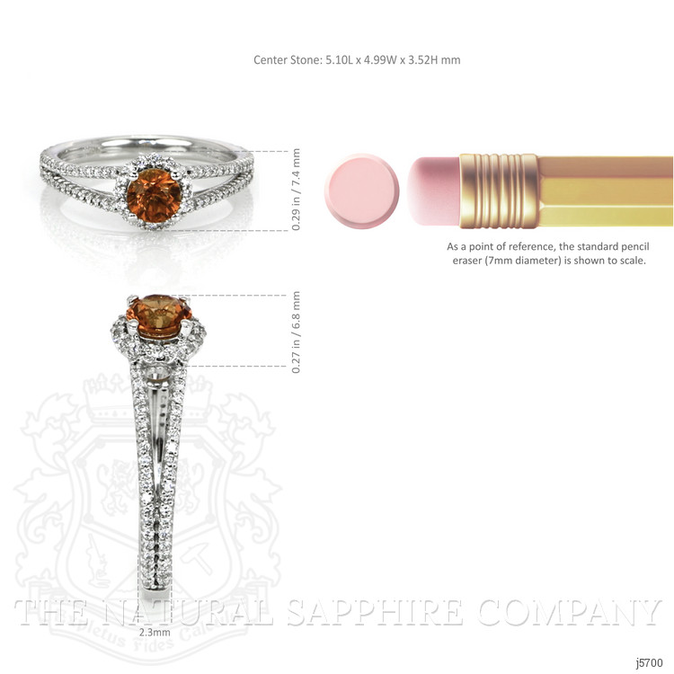 0.70 Ct. Reddish Orange Sapphire and Natural Diamond Pave Ring, 14K White Gold