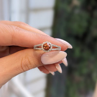 0.70 Ct. Reddish Orange Sapphire and Natural Diamond Pave Ring, 14K White Gold Life Style