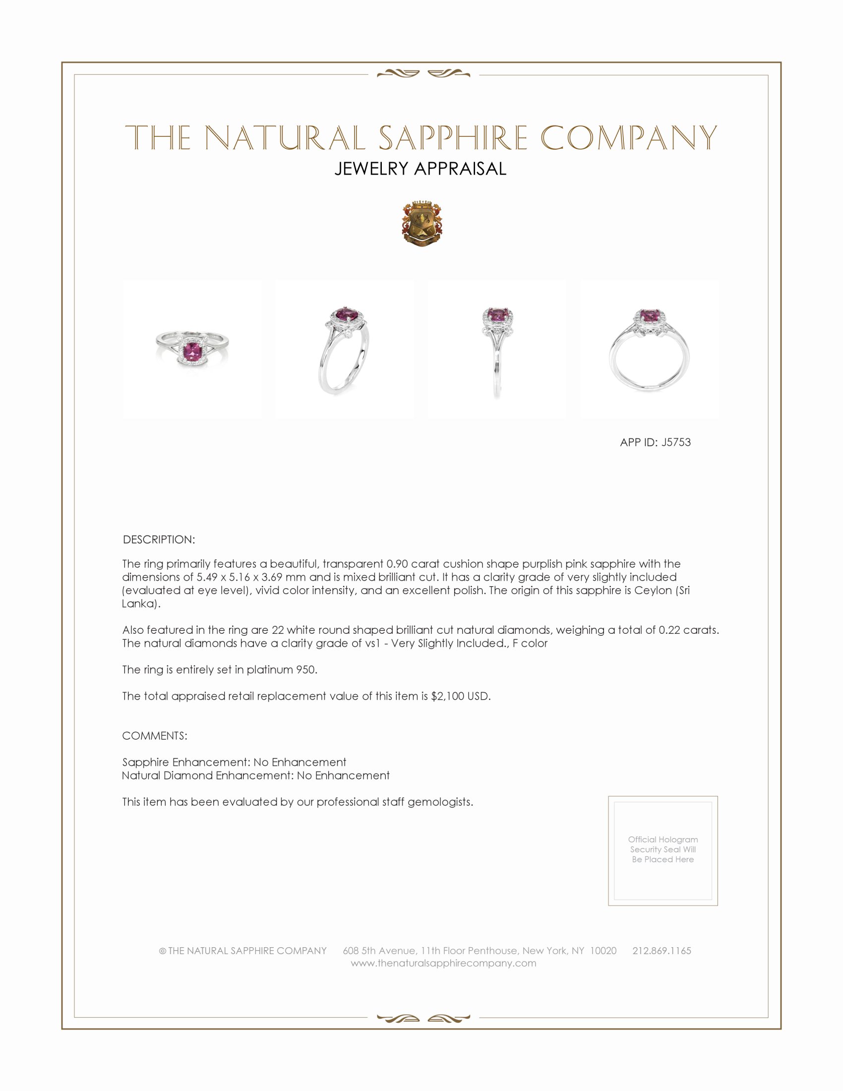 0.90 Ct. Purplish Pink Sapphire and Natural Diamond Antique Style Ring, Platinum 950