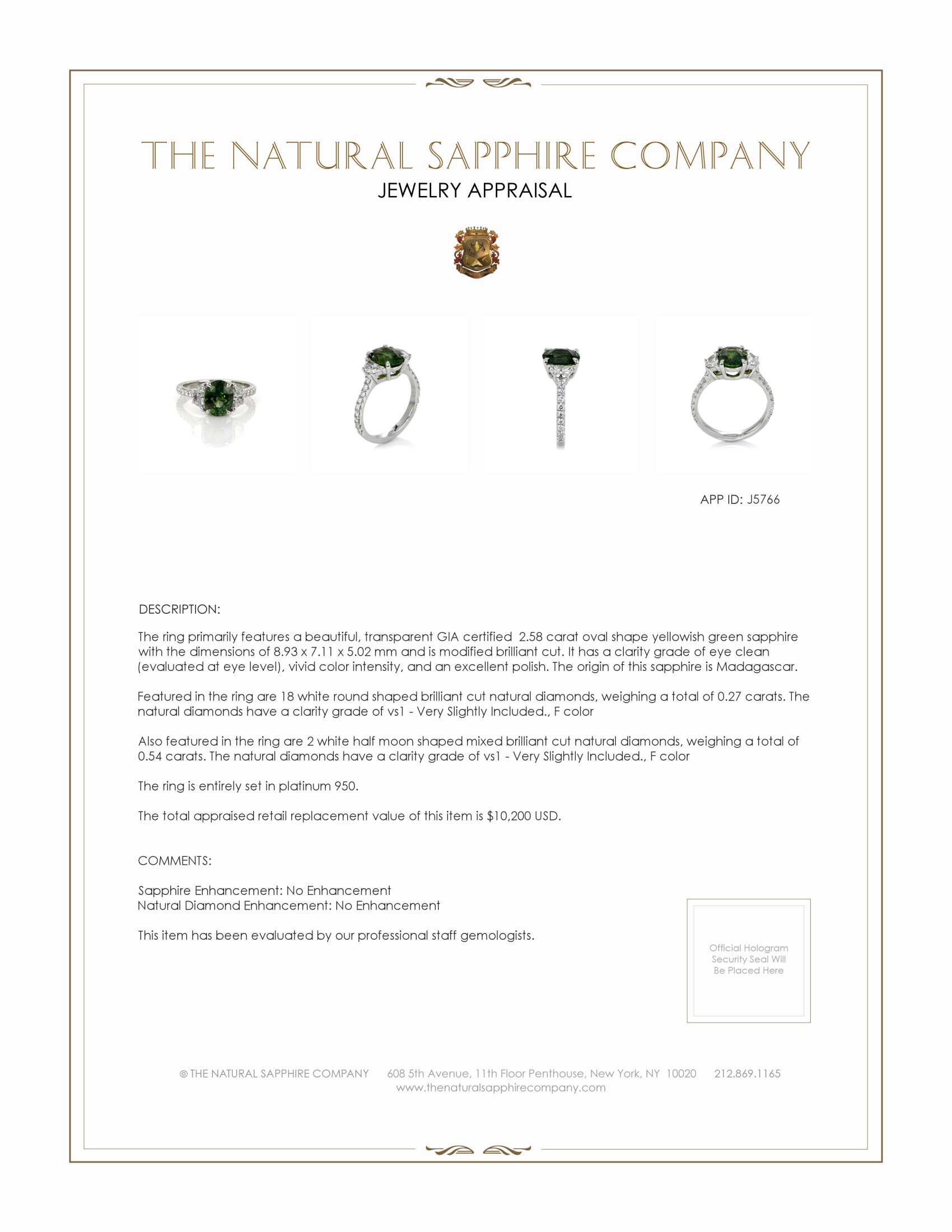 2.58 Ct. Yellowish Green Sapphire and Natural Diamond Three Stone Ring, Platinum 950