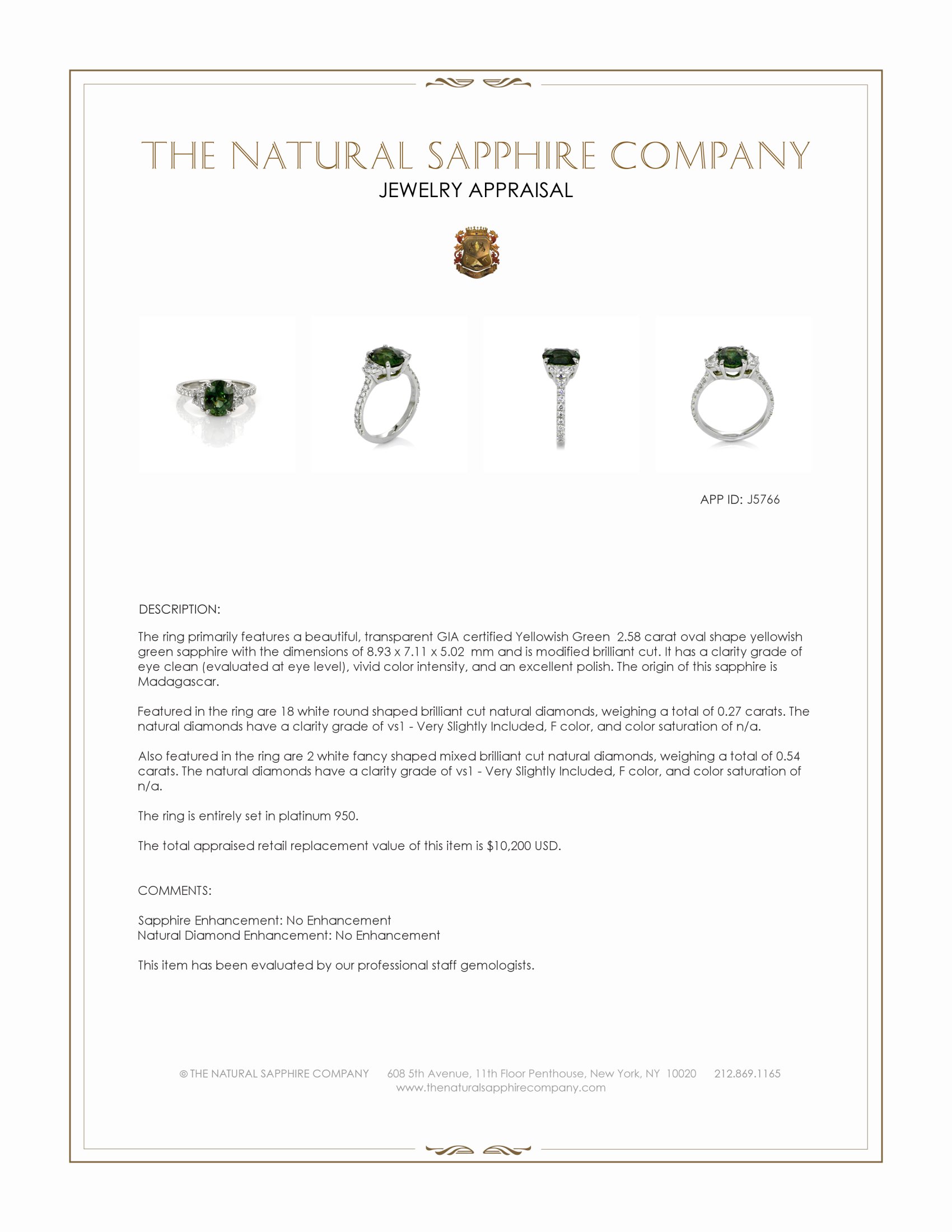 2.58 Ct. Yellowish Green Sapphire and Natural Diamond Three Stone Ring, Platinum 950