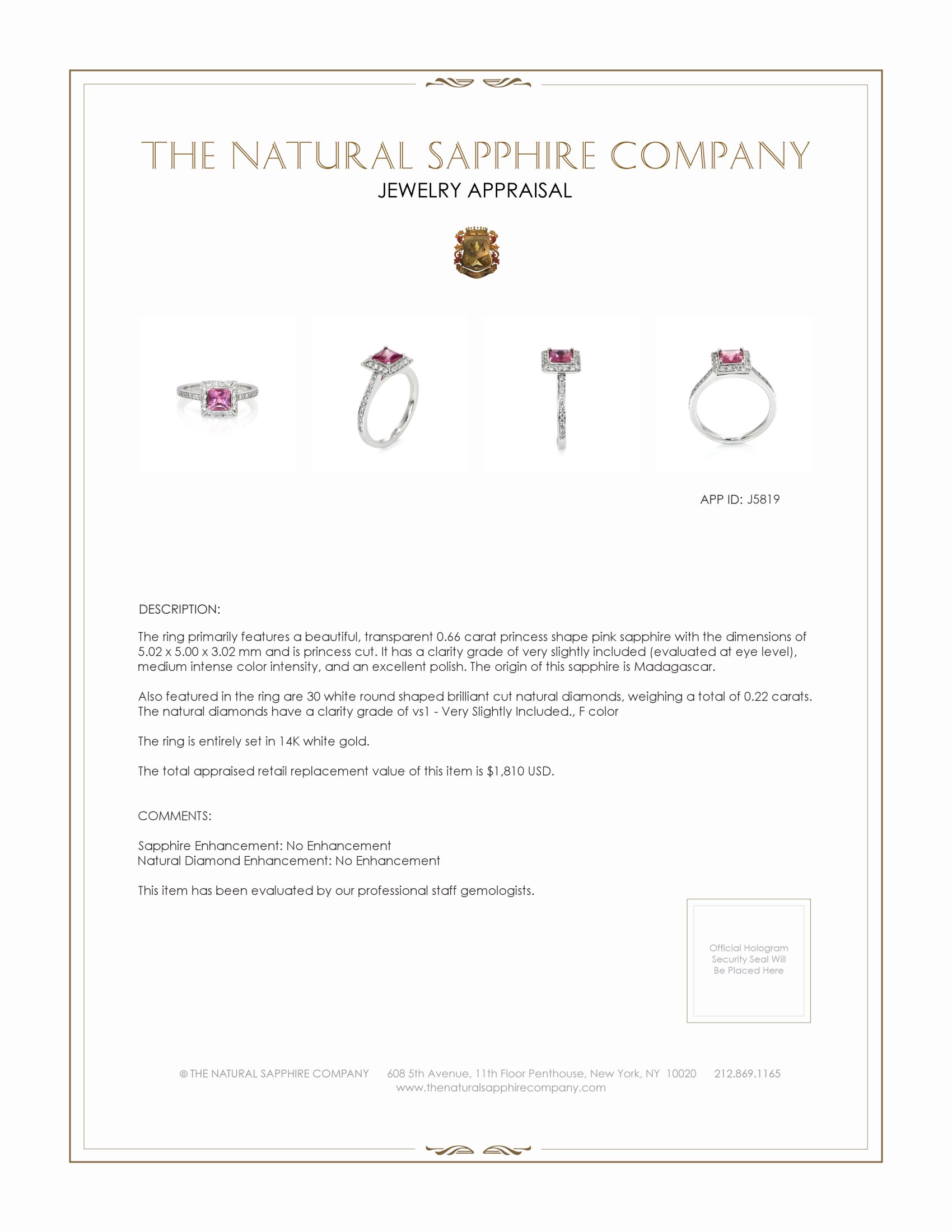 0.66 Ct. Pink Sapphire and Natural Diamond Pave Ring, 14K White Gold