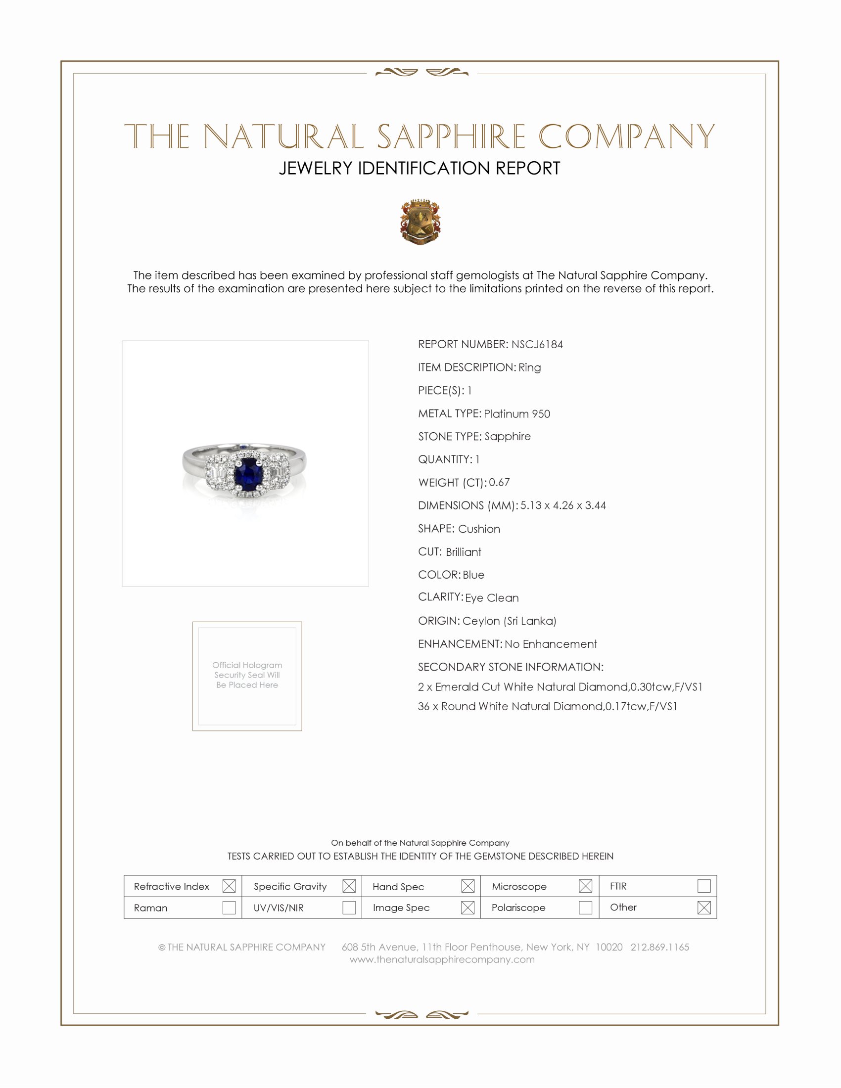 0.67 Ct. Blue Sapphire and Natural Diamond Three Stone Ring, Platinum 950