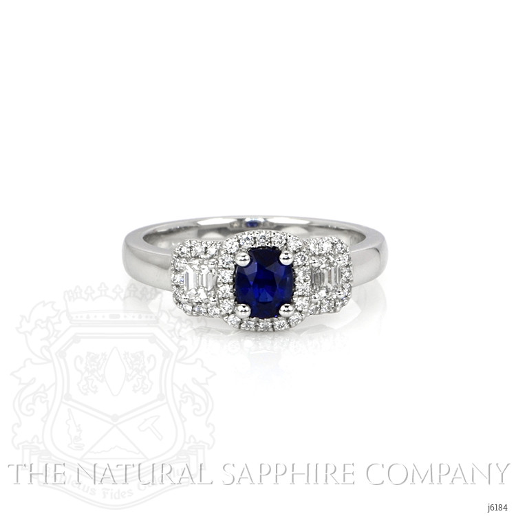 0.67 Ct. Blue Sapphire and Natural Diamond Three Stone Ring, Platinum 950
