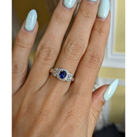 0.67 Ct. Blue Sapphire and Natural Diamond Three Stone Ring, Platinum 950 Life Style