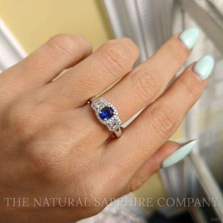 0.67 Ct. Blue Sapphire and Natural Diamond Three Stone Ring, Platinum 950