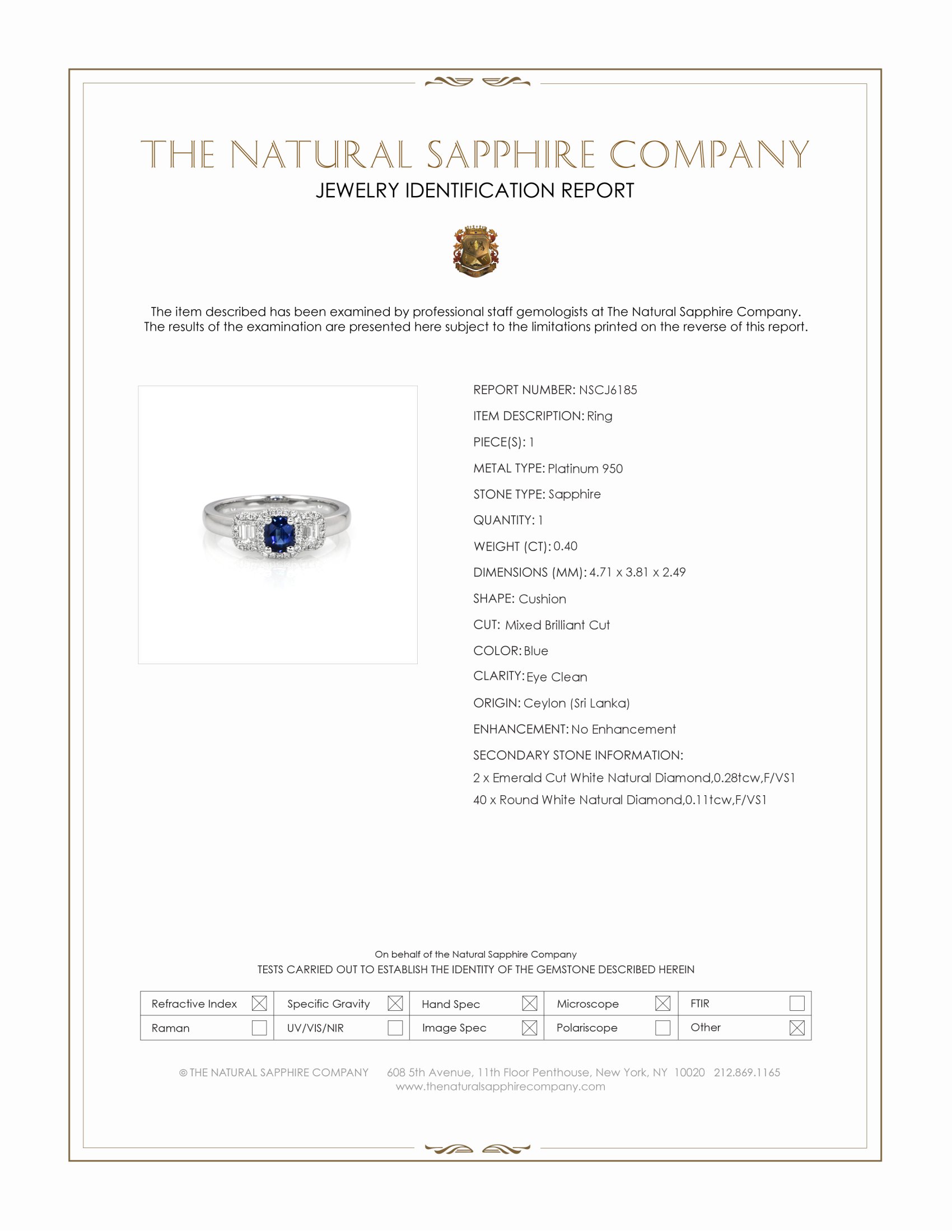 0.40 Ct. Blue Sapphire and Natural Diamond Three Stone Ring, Platinum 950