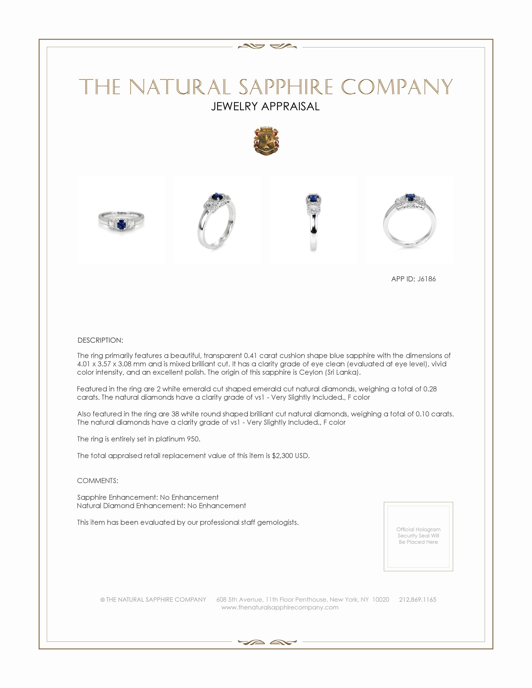 0.41 Ct. Blue Sapphire and Natural Diamond Three Stone Ring, Platinum 950