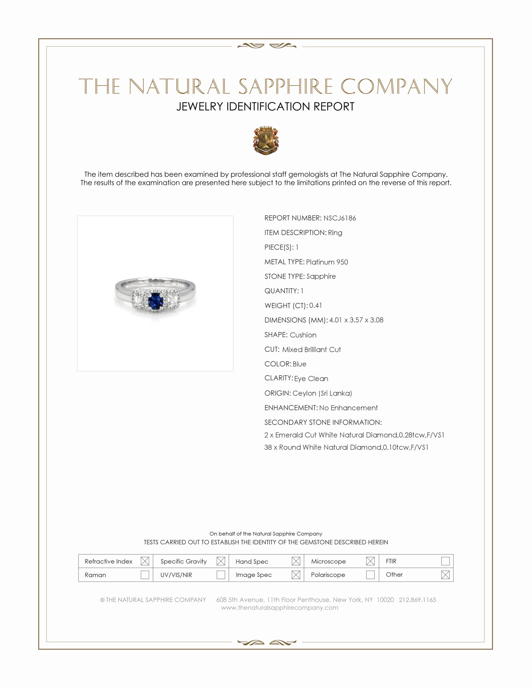 0.41 Ct. Blue Sapphire and Natural Diamond Three Stone Ring, Platinum 950