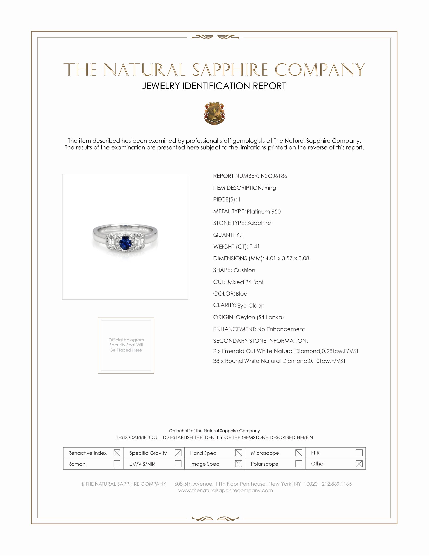 0.41 Ct. Blue Sapphire and Natural Diamond Three Stone Ring, Platinum 950
