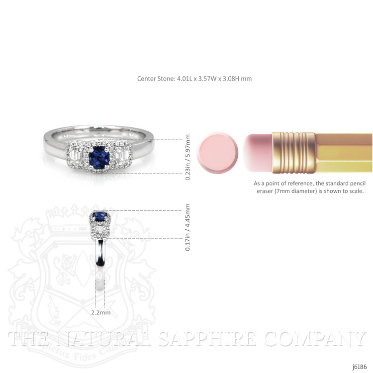 0.41 Ct. Blue Sapphire and Natural Diamond Three Stone Ring, Platinum 950