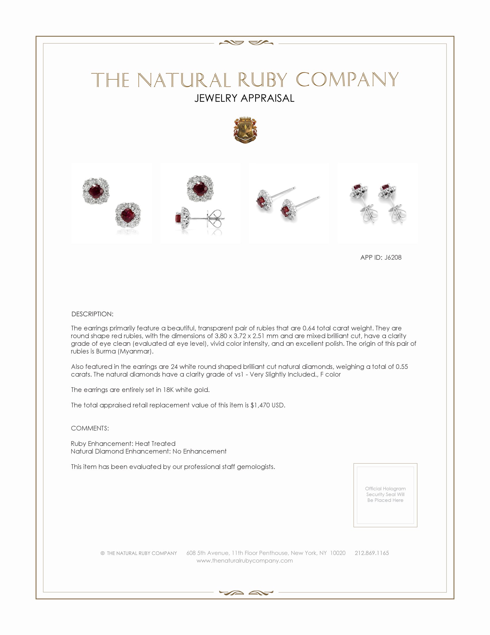 0.64 Ct.Tw. Ruby and Natural Diamond Halo Earrings, 18K White Gold