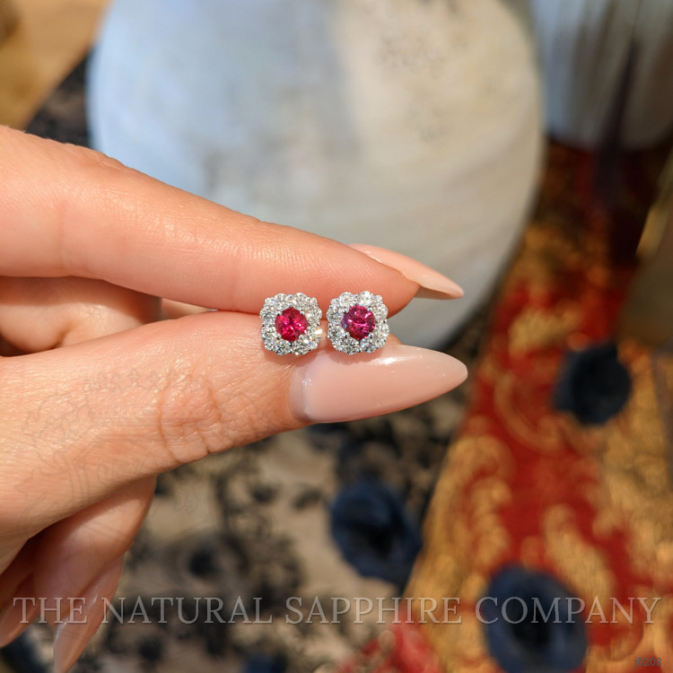 0.64 Ct.Tw. Ruby Natural Diamond Halo Earrings, 18K White Gold