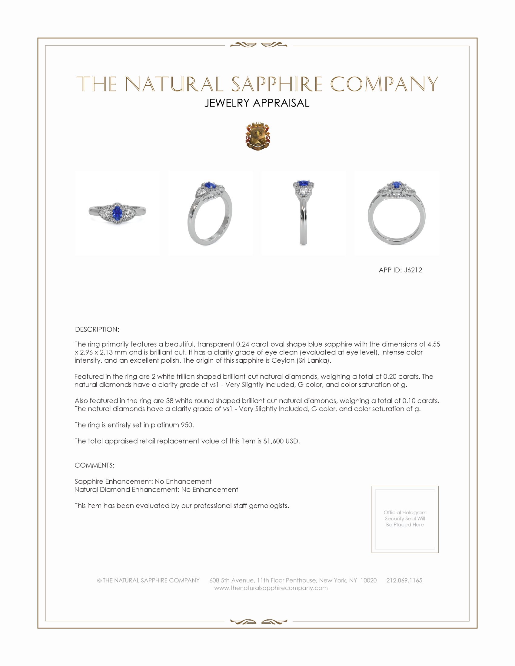 0.24 Ct. Blue Sapphire and Natural Diamond Three Stone Ring, Platinum 950