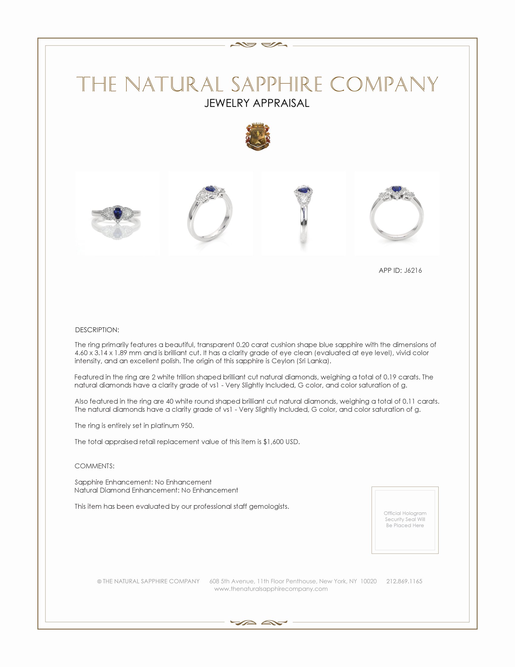 0.20 Ct. Blue Sapphire and Natural Diamond Three Stone Ring, Platinum 950