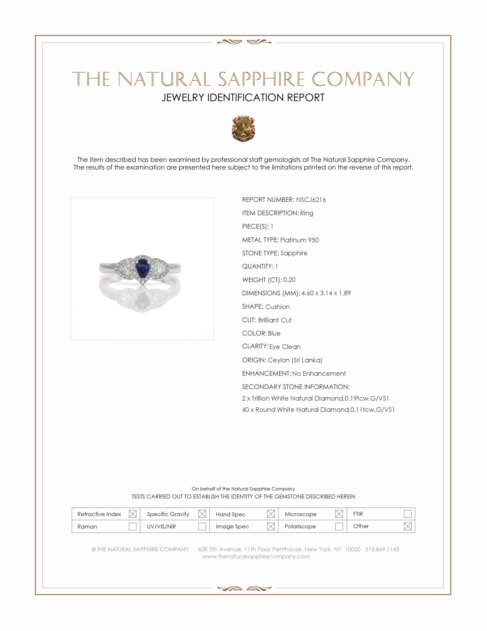 0.20 Ct. Blue Sapphire and Natural Diamond Three Stone Ring, Platinum 950