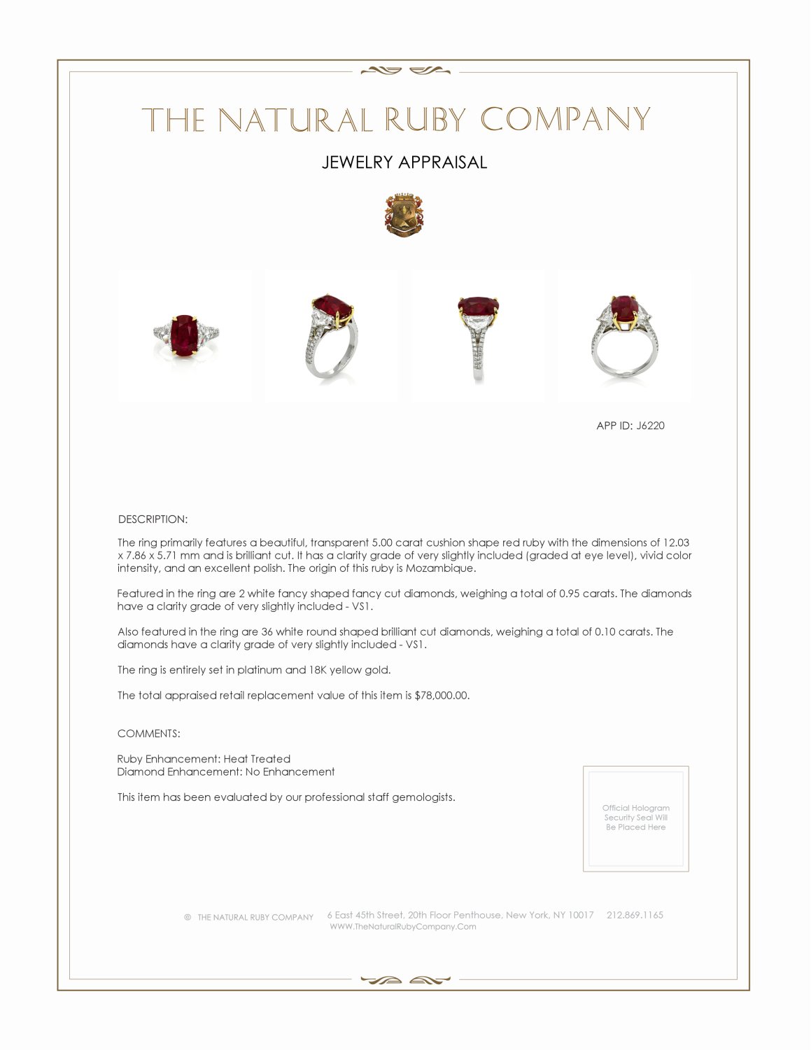 5.00 Ct. Ruby and Natural Diamond Three Stone Ring, Platinum & 18K Yellow