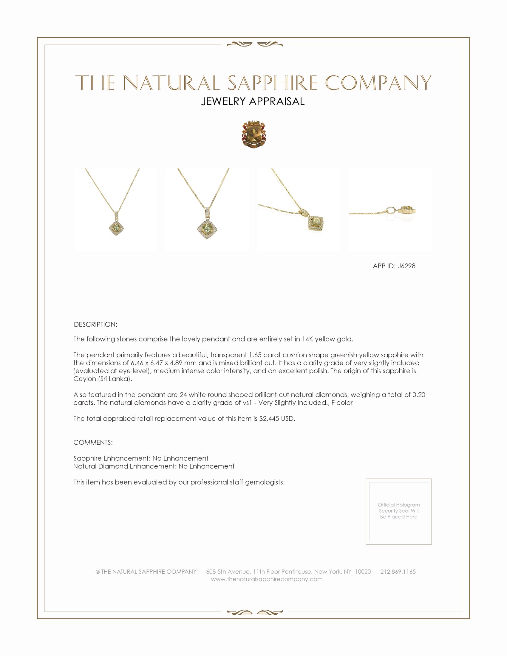 1.65 Ct. Greenish Yellow Sapphire and Natural Diamond Pave Pendant, 14K Yellow Gold