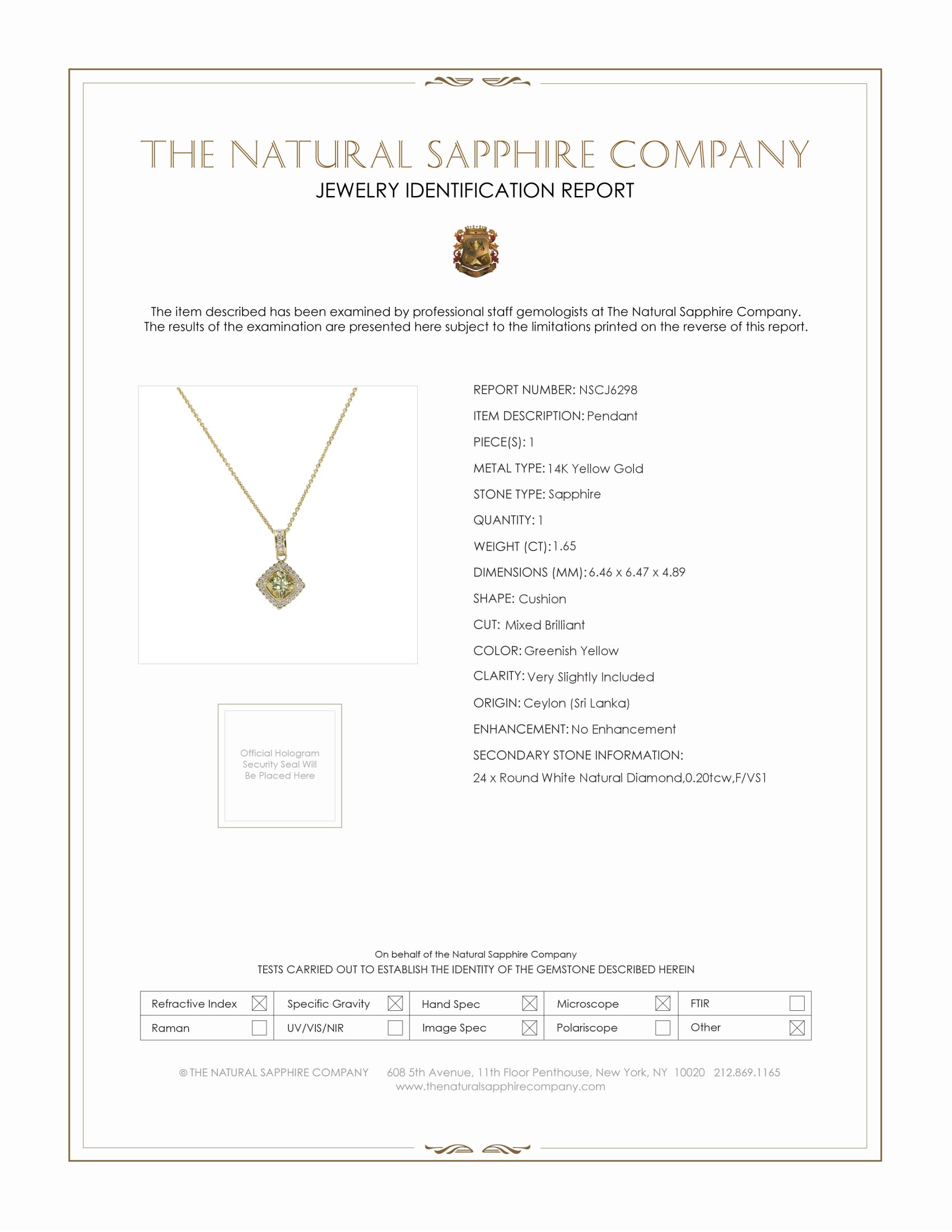 1.65 Ct. Greenish Yellow Sapphire and Natural Diamond Pave Pendant, 14K Yellow Gold