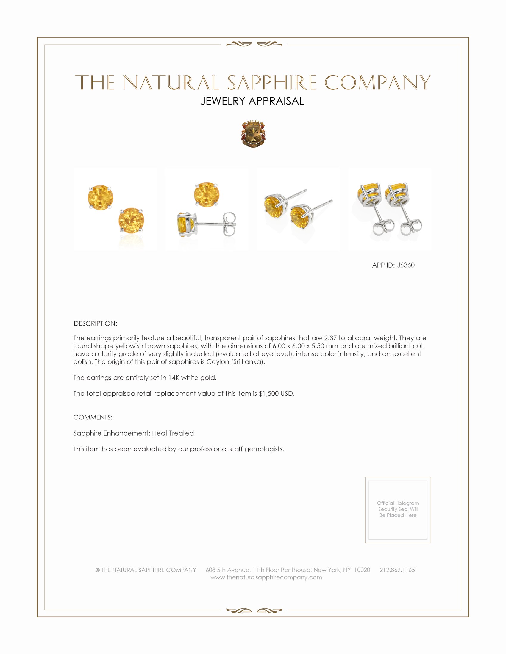 2.37 Ct.Tw. Yellowish Brown Sapphire Studs Earrings, 14K White Gold