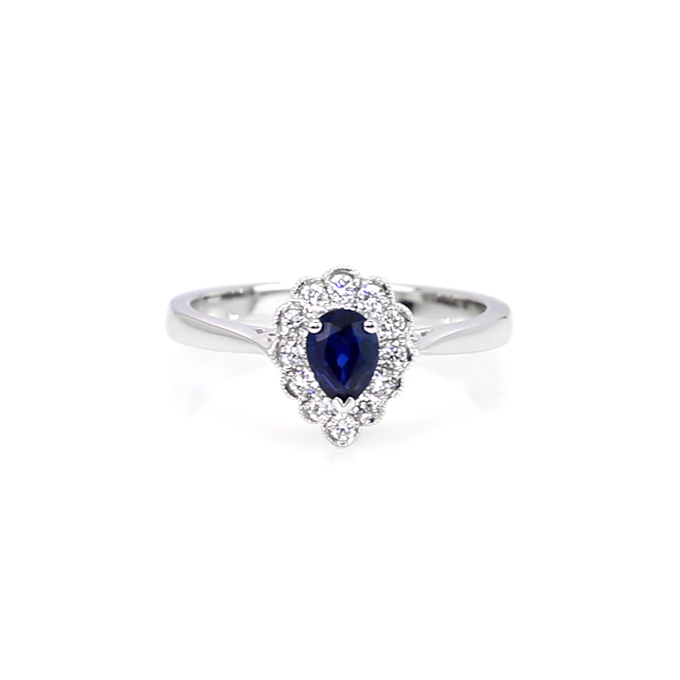 Blue Sapphire and Natural Diamond Halo Ring - Pear 0.46 Ct